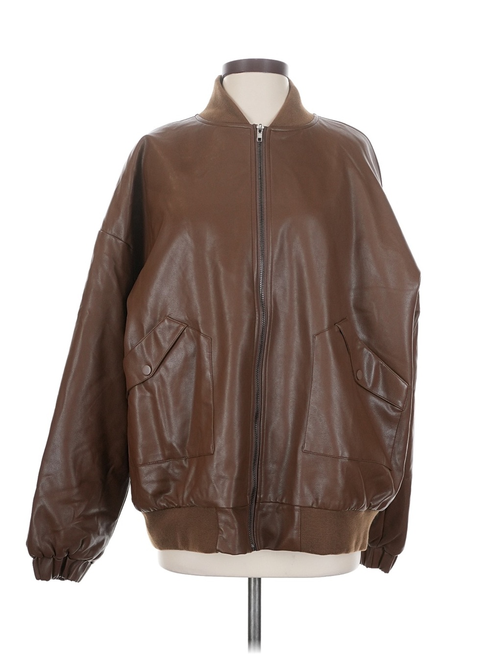 Brown Faux Leather Bomber Jacket